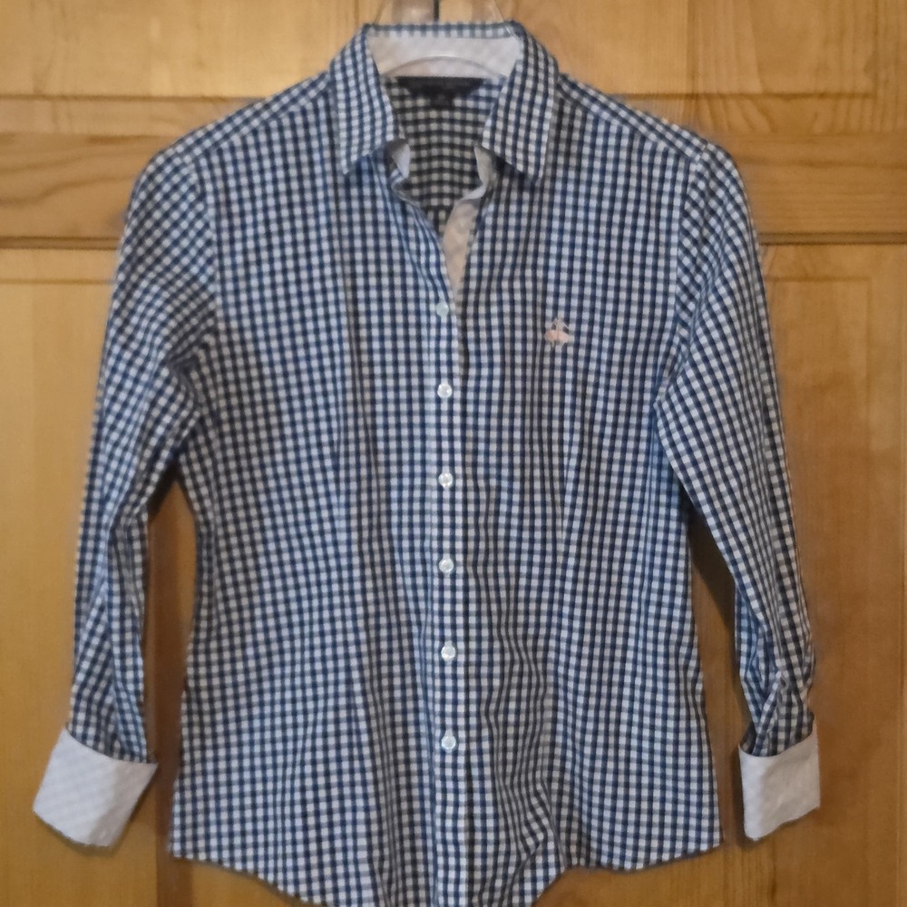 Brooks Brothers Womens 4 Petites Gingham Button Up Shirt Logo Preppy Cotton